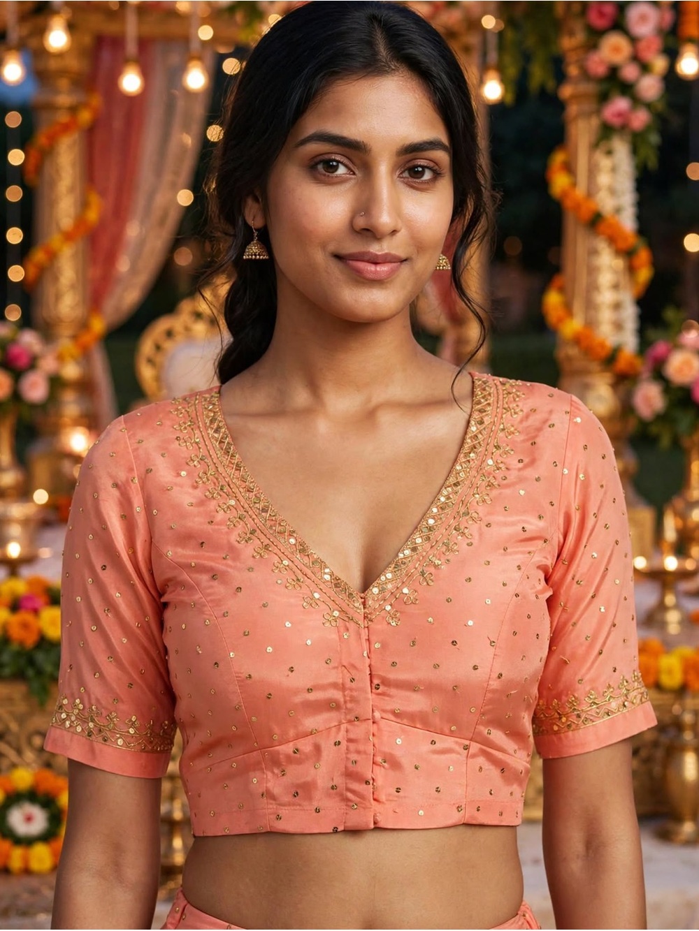 Gold Embroidered Sequined Sari Choli Peach V-Neck Blouse